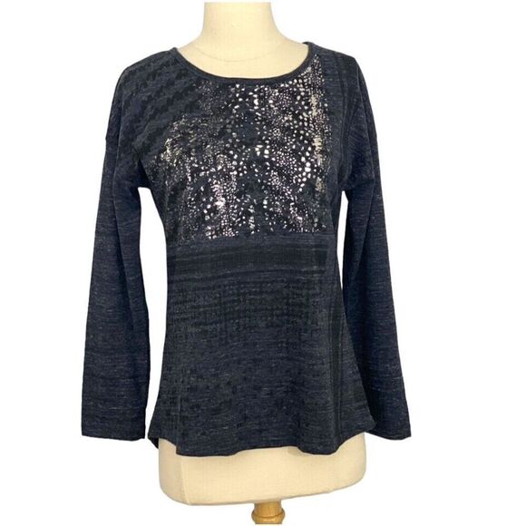 Dolcezza Long Sleeve Top Navy Black Silver Artsy Back Button Accent Artsy Size S - Picture 1 of 6
